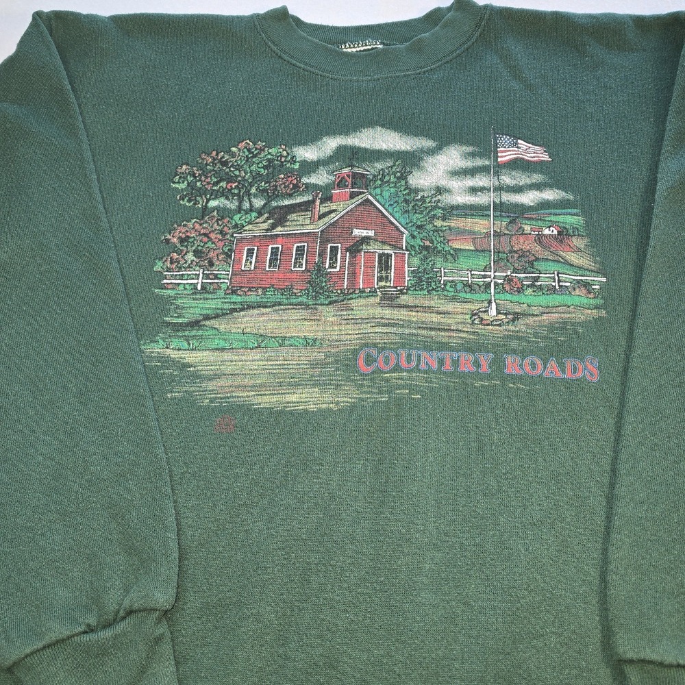 Vintage Country Roads Graphic Sweatshirt Forest Green Schoolhouse Scene Size M